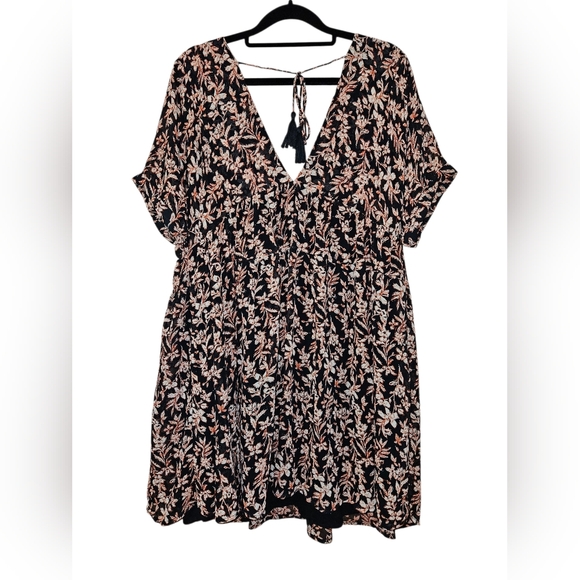 Free People Floral Boho Mini Dress, Black/Coral Print, Size L, EUC - Picture 1 of 7
